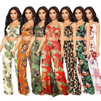 womens 2022 spring and summer new printed suspender wide leg pants two piece sexy navel revealing suit