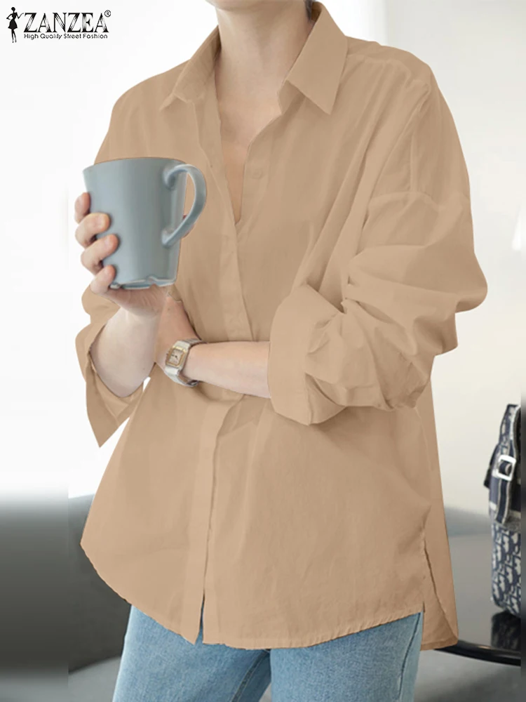 

Женская Офисная рубашка ZANZEA с отворотом, модная однотонная блузка, осенние элегантные деловые топы, блузы с длинным рукавом и пуговицами, Повседневная Свободная Женская рубашка