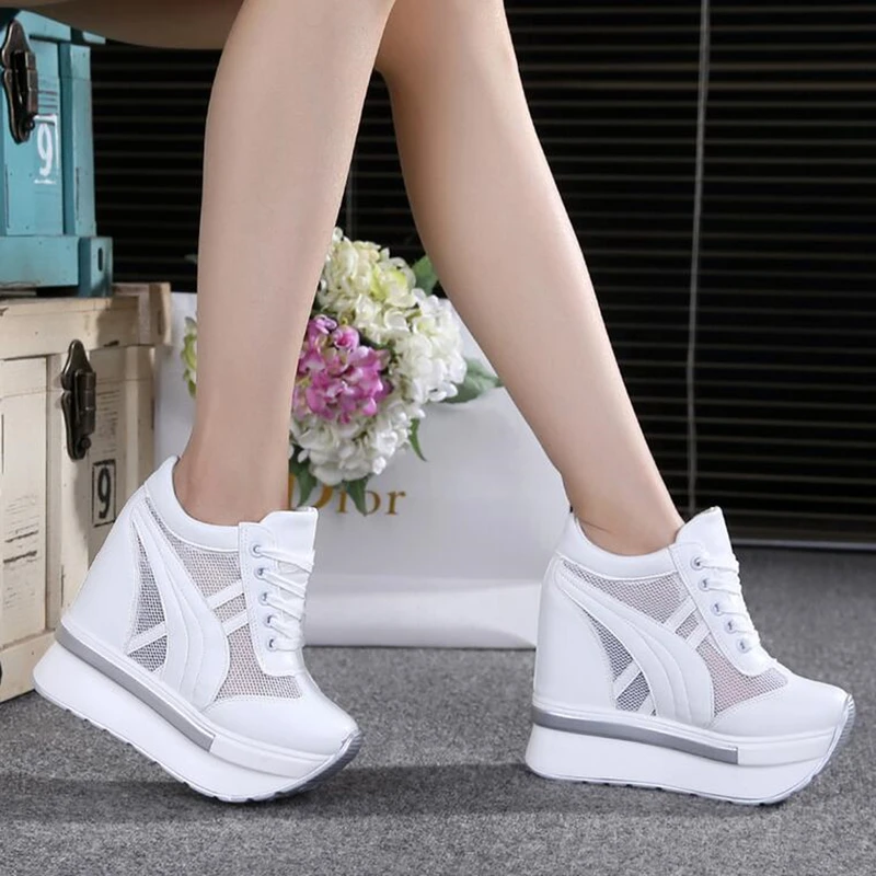 

Comemore 2021 New Women Mesh Platform Sneakers Trainers White Shoe 10cm High Heels Wedges Thick Bottom Breathable Casual Shoes