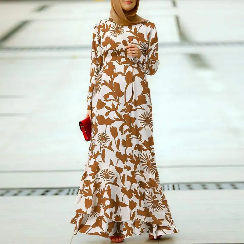 Boho Floral Print Muslim Long Dress Ruffle Hem Robe Muslim Dresses Abaya Dress Womens Indian Islamic Women Clothing Regulai Fit