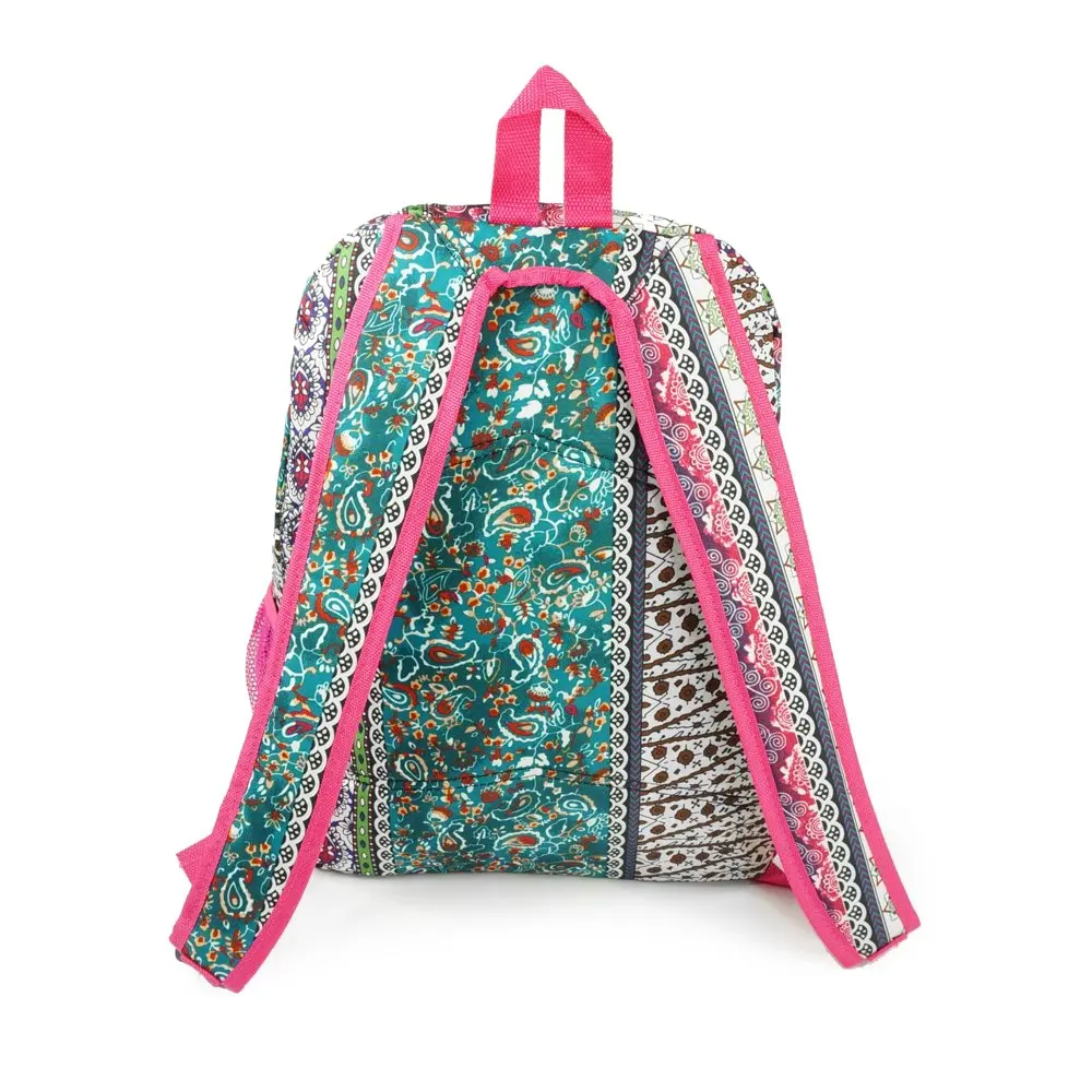 Unisex 16.5 Inch Boho Stripe Quilt Patterned Backpack with Mesh Side Pockets