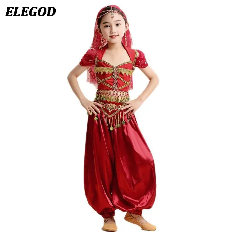 

2023 Girls' Belly Dance Costume Set Kids Halloween Princess Top and Pants Indian Dance Outfit Children Performance Training Suit