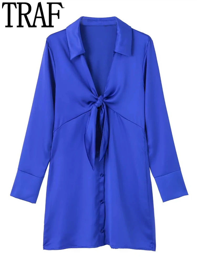 

TRAF Blue Short Dresses For Women Tie Satin Dress Woman Long Sleeve Mini Shirt Dress 2022 Autumn Button Casual Women's Dresses