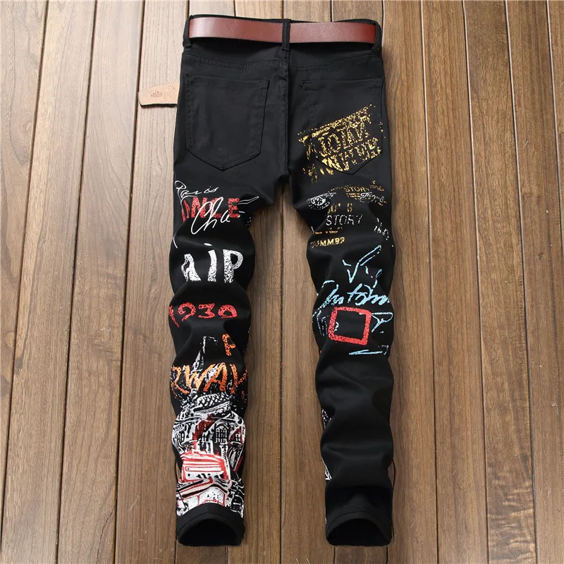 DEEPTOWN Character Graffiti Jeans Men Black White Denim Pants Streetwear Hip Hop Trousers Male Straight Fashion Printed Spring