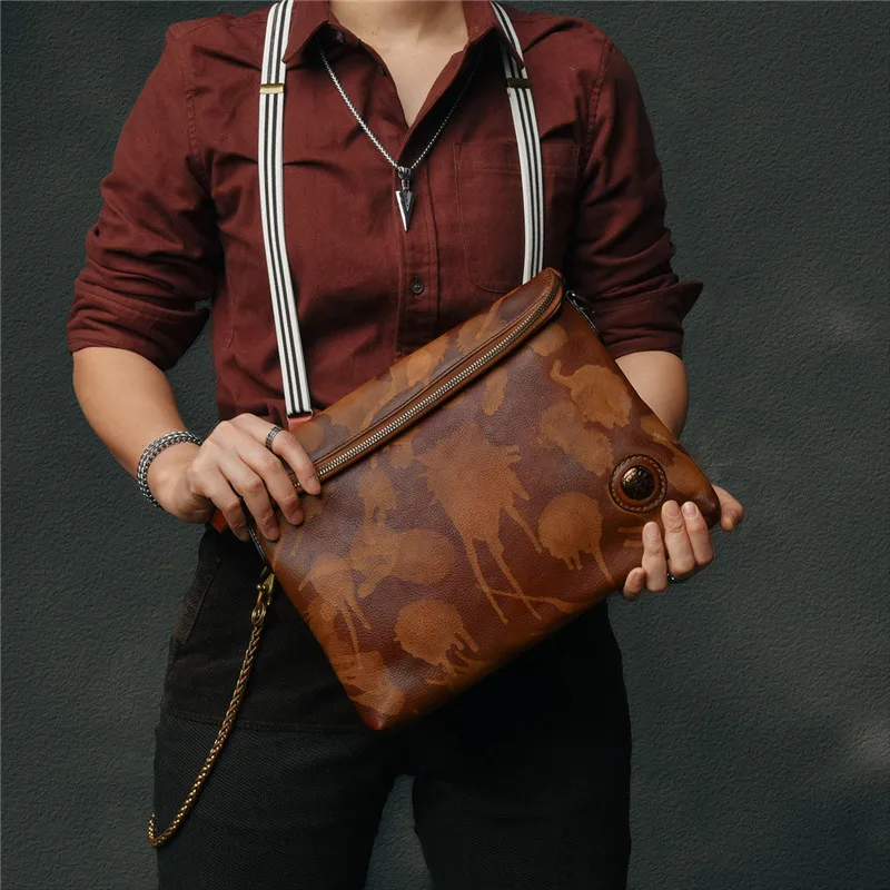Retro natural first layer cowhide large-capacity mobile phone storage clutch daily outdoor square color shoulder messenger bag