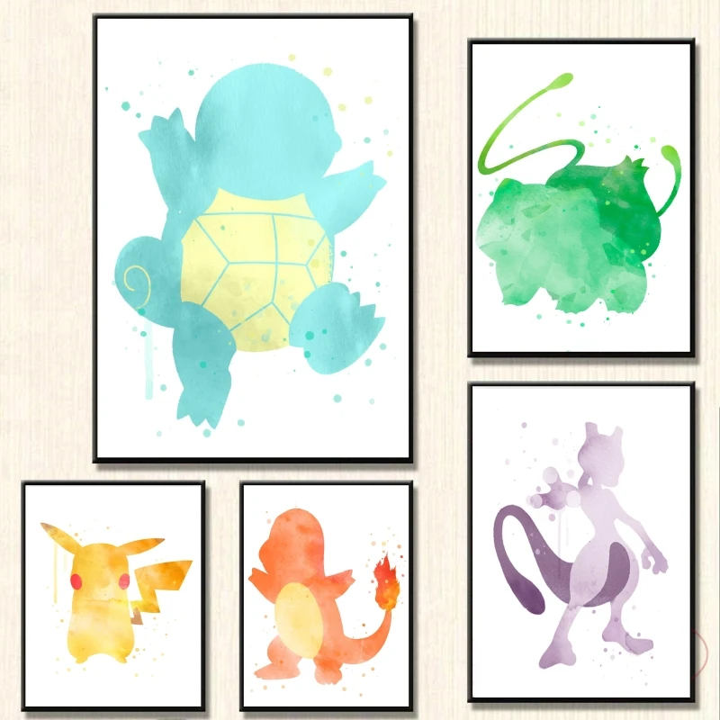 

Japanese Anime Peripheral Pokemon Poster Decor Pikachu Charizard Wall Art Watercolor Canvas Painting Modern Room Decor Picture
