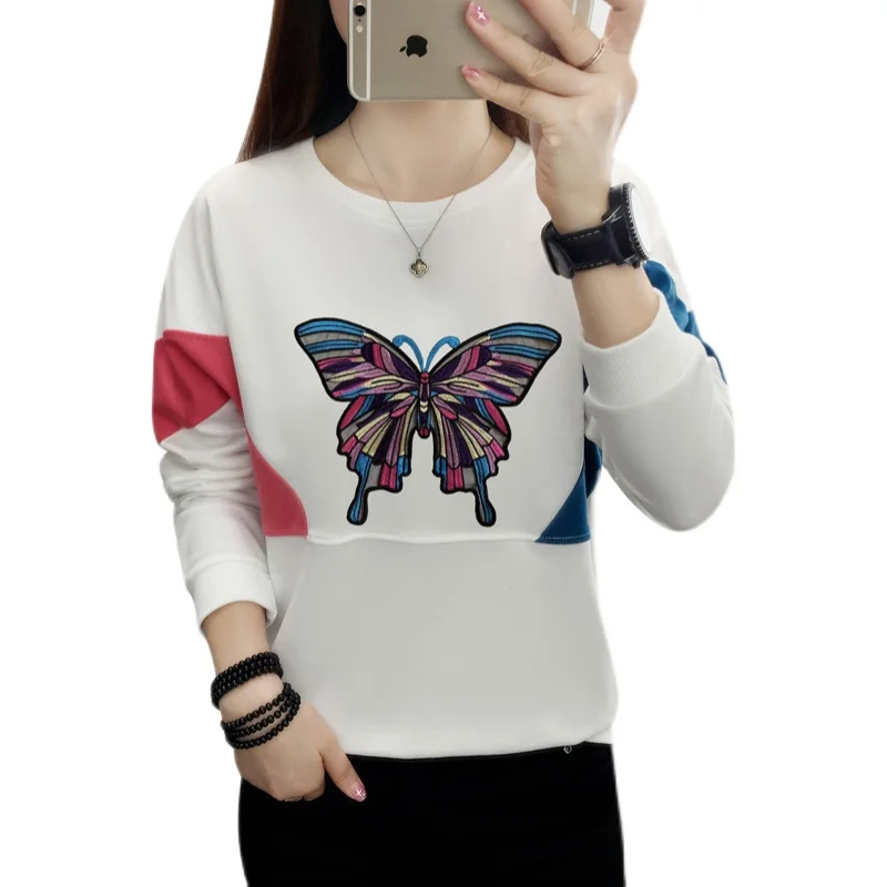 

Hoodies Sweatshirts Woman Fashion Women's Butterfly Embroidery O Neck Long-Sleeve Sweatshirt Brand Hoody Casual Tops Pullover