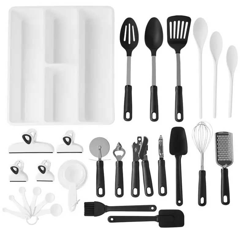

Kitchen Gadget Set with Cooking Utensils, Measuring Cups, Clips, and Drawer Organizer, Black/White Kitchen scale Measuring spoon