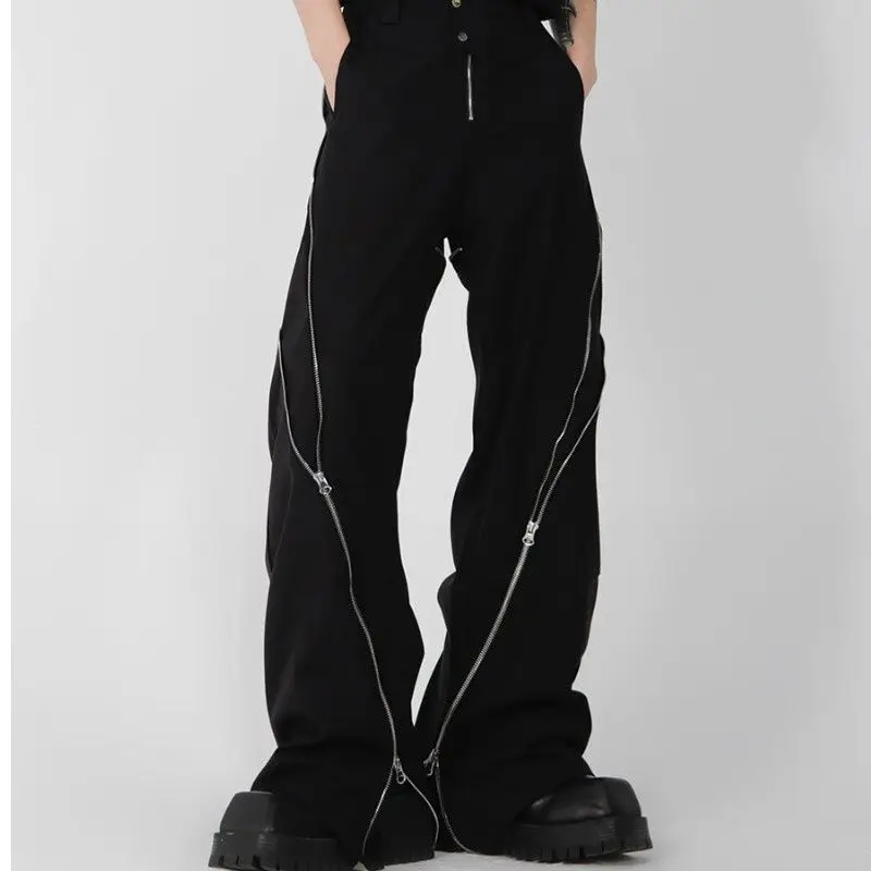 

Vertical Feeling Straight Casual Pants Design Slit Slightly Flared Pants American Trendy Brand Men Black Zipper Retro Trousers