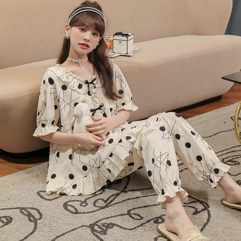 New Style Pajamas Women's Summer Short Sleeved Trousers Pure Cotton Court  Lovely Princess Loose Home Suit