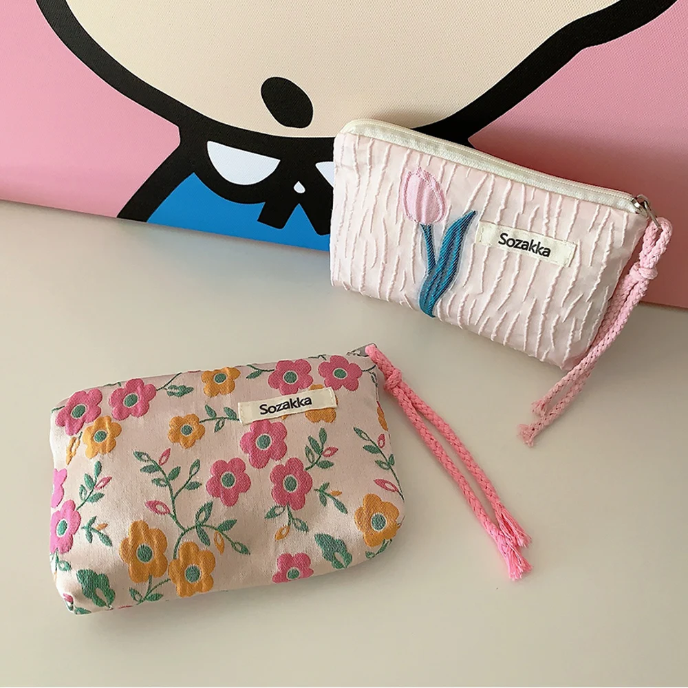 

Fashion Floral Lace Up Contrast Color Small Coin Bag Makeup Wallet Organizer Portable Cute Pouch INS Lipstick Mini Cosmetic Bag