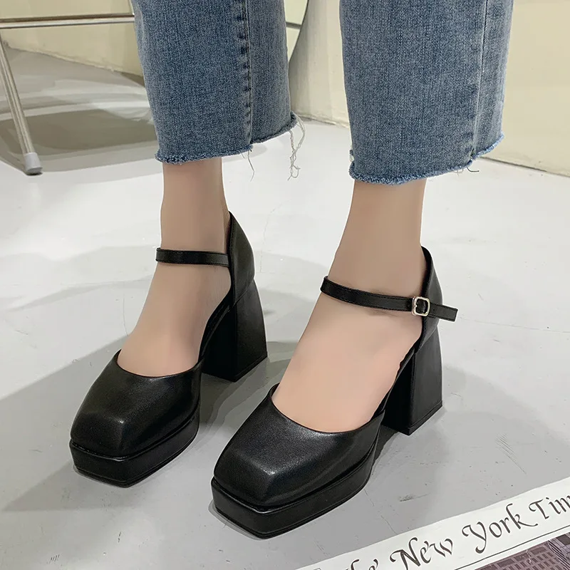 

Женские туфли с ремешком на щиколотке, туфли-лодочки из искусственной кожи на платформе, с квадратным носком, на толстом высоком каблуке, черные, бежевые, 2023