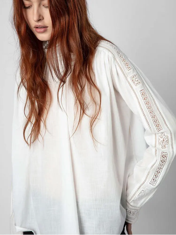 2022 White Cutout Stand Collar Long Sleeve Shirt Loose Court Blouse