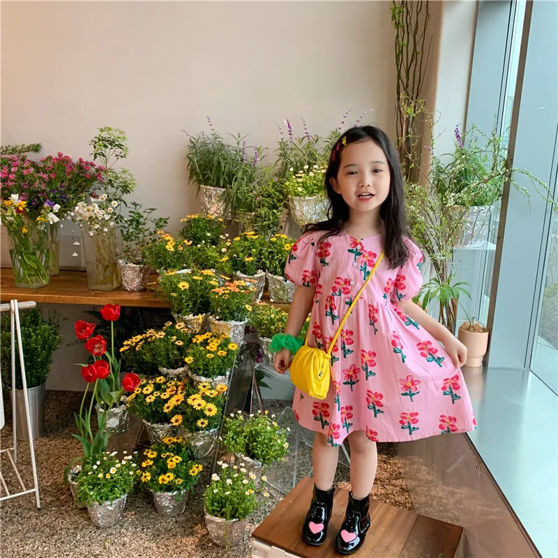 

Летнее Хлопковое платье с принтом роз для девочек, модные тонкие платья с пышными рукавами для маленьких девочек
