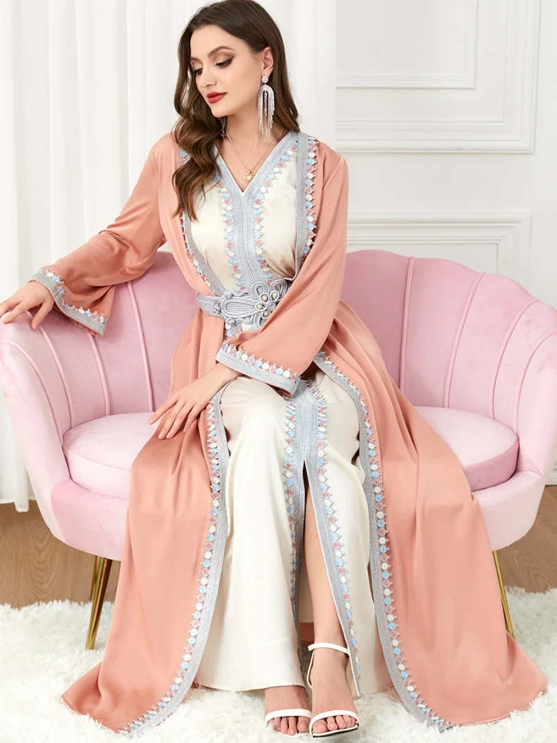 Abaya Dubai Luxury Woman Party Dress For Wedding Floral Embroidery Guipure Lace Panel Belted Kaftan Chand Raat Eid al-Fitr 2023