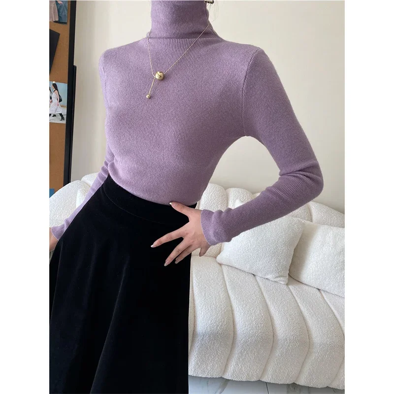 

Осенне-зимний новый женский простой темпераментный Однотонный свитер с высоким воротником, эластичная облегающая теплая Базовая рубашка