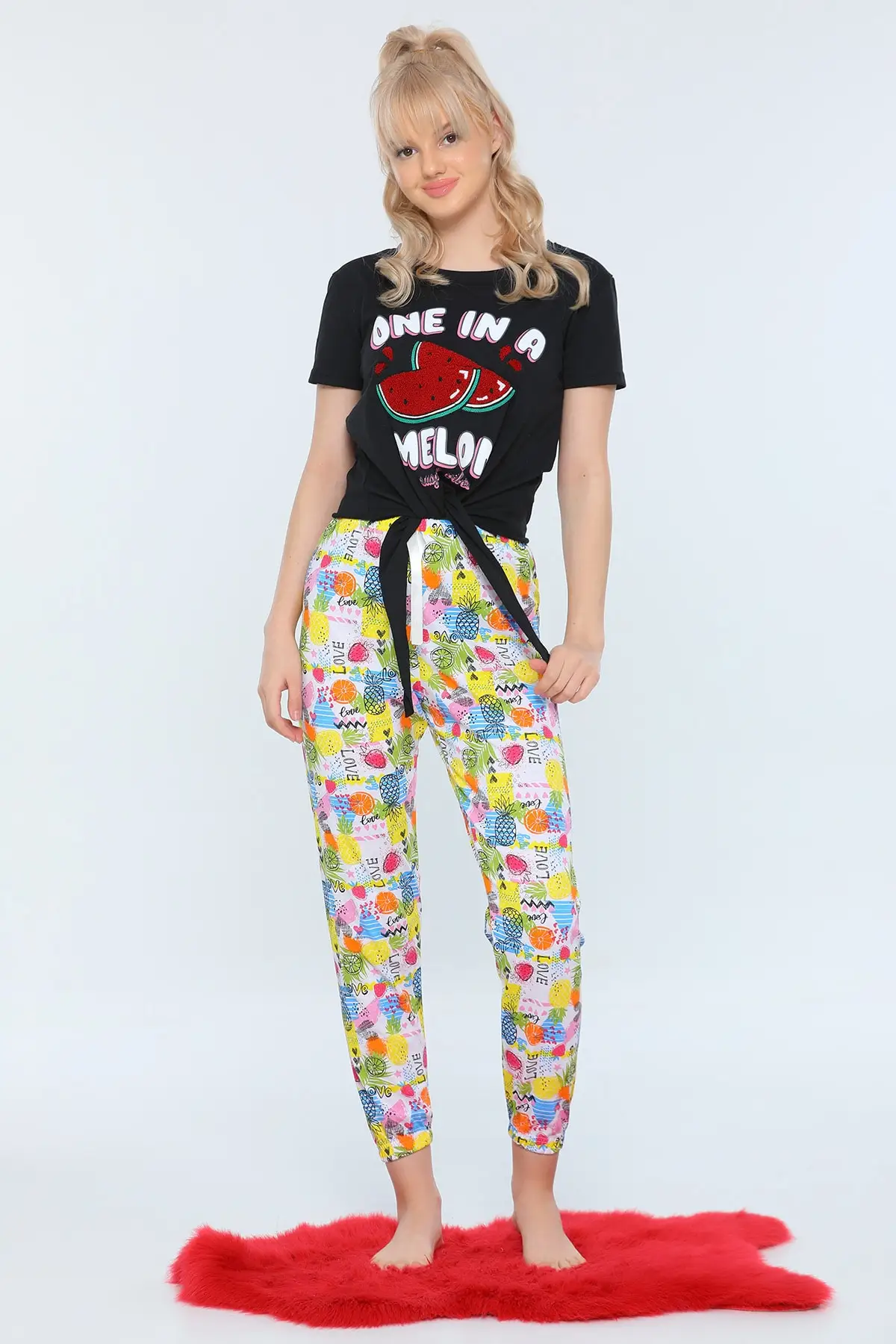 

Women's Pajamas Black Lycra Crew Neck Front Tied Bottom Patterned Sleep Lounge Pajamas Nightwear Sleepwear Night Suit