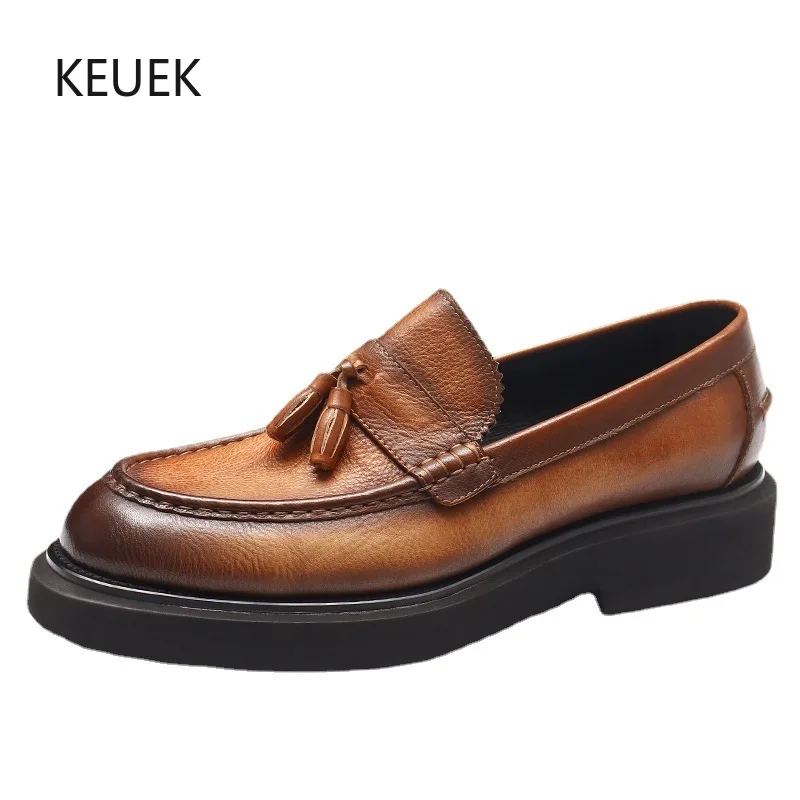 

New British Style Business Fashion Slip-On Genuine Leather Loafers Men Flats Thick Sole Tassels Moccasins Youth Work Shoes 5C