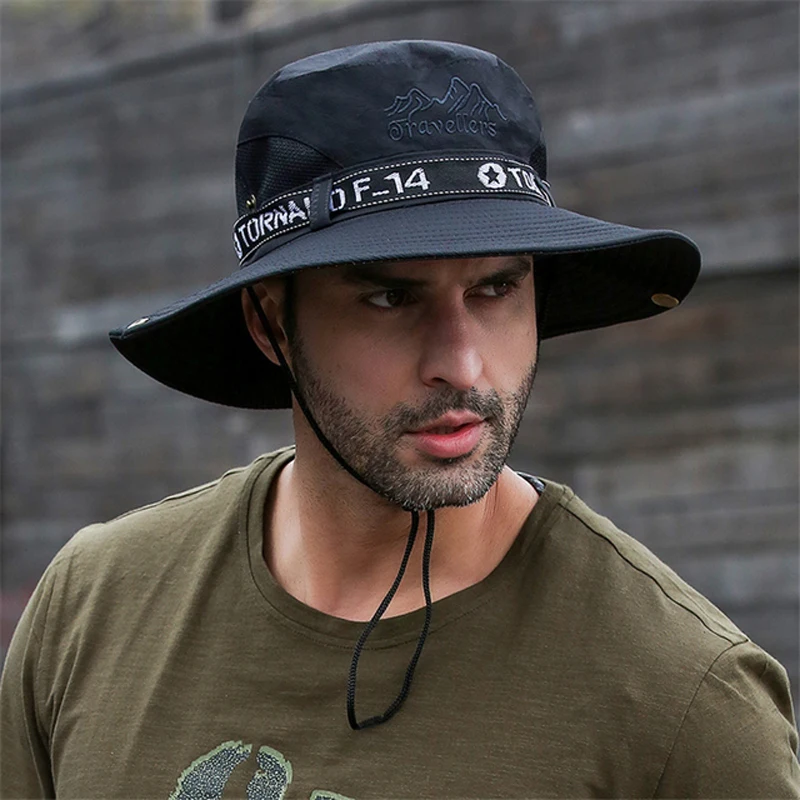 

Summer Sun Hat Male Bucket Cowboy Men Women Fishing Hats UV Protection Adjustable Large Wide Brim Mesh Hiking Outdoor Beach Cap
