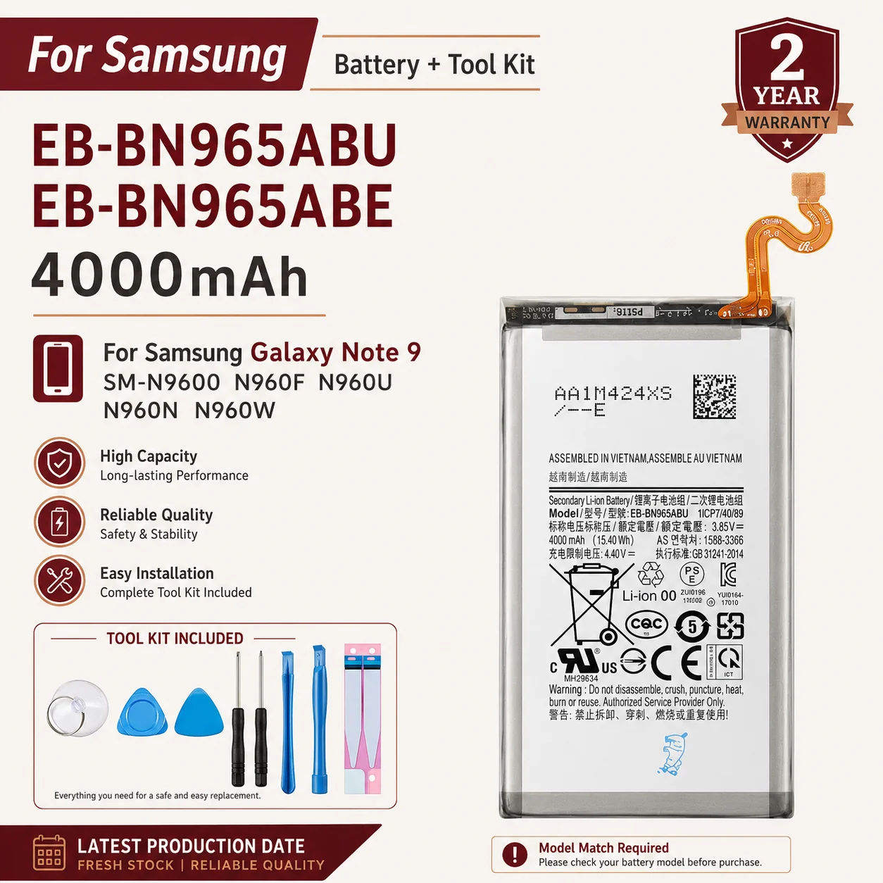 Фото Новая аккумуляторная батарея EB-BN965ABU EB-BN965ABE 4000 мАч для Samsung Note9 Note 9 SM-N9600 N960F N960U/N960N N960W (комплект) №1