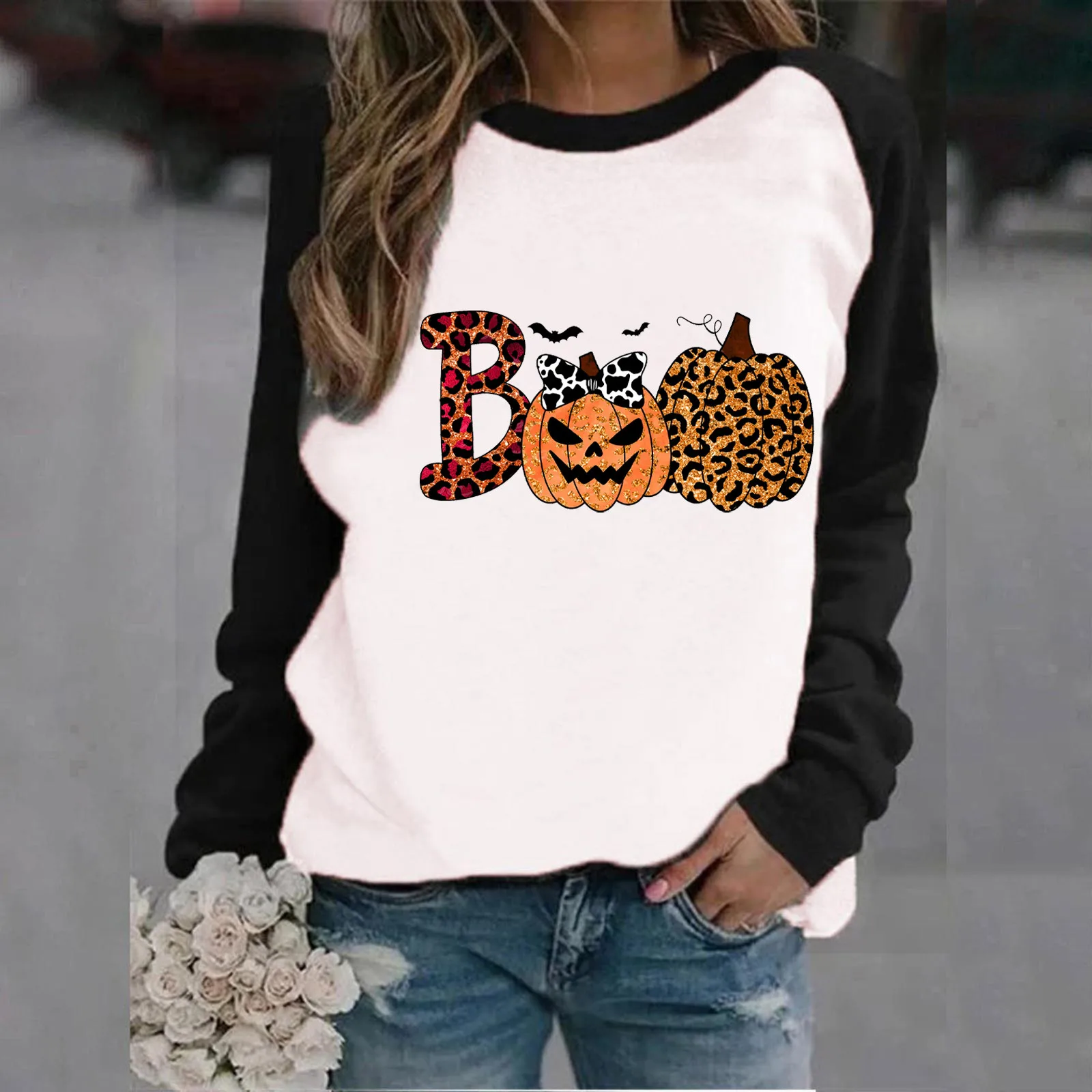 

Drawstring Zip up Jacket Women's Casual Pumpkin Print Round Neck Long Sleeve Hoodless Sweatshirt For Autumn Modern Tops Women