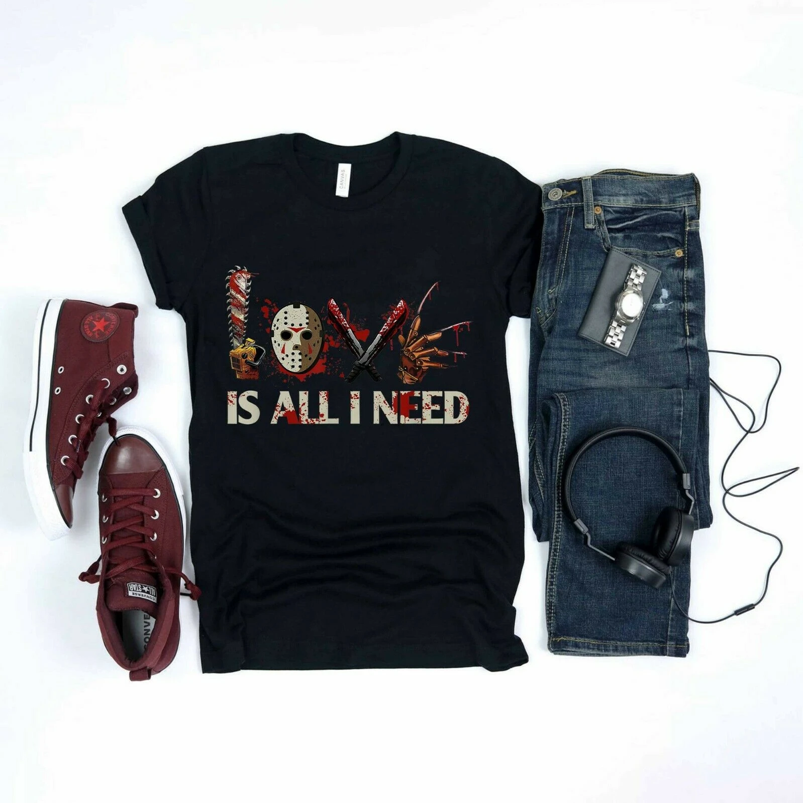 

Love Is All I Need. Halloween Horror Movie Characters T Shirt 100% Cotton Short Sleeve O-Neck Casual Mens T-shirt New Size S-3XL