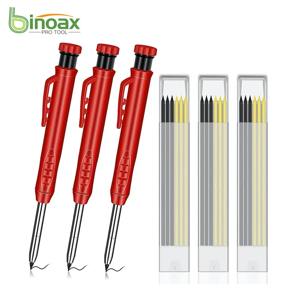 

Binoax Solid Carpenter Pencil Set With 6 Refill Leads Built-in Sharpener Marking Tool Woodworking Deep Hole Mechanical Pencils