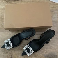 2022 satin surface high heels womens new spring and autumn pointed toe fine heel with black closed toe drill buckle pumps