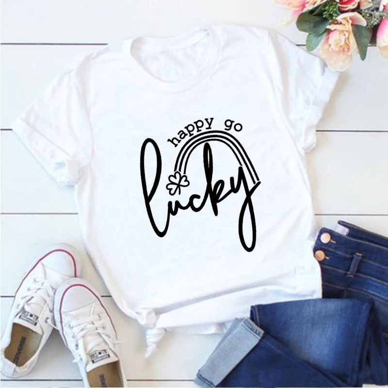 

St Patricks Day Woman Tshirts Happy Go Lucky Graphic Tees Men Lucky Rainbow Tshirt Irish Tee Shamrock Tops Lucky Shirt XL