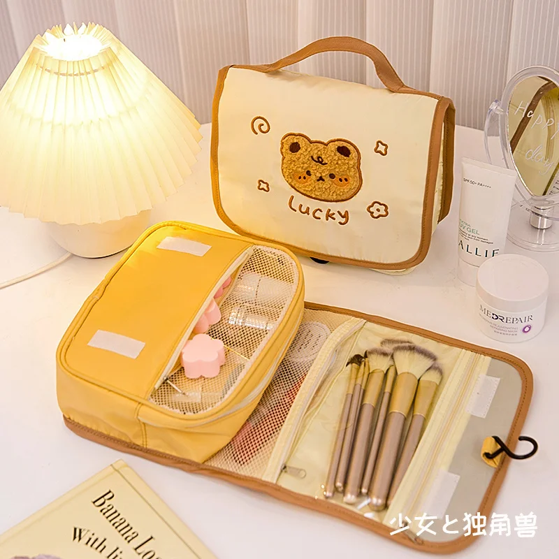 

Portable Large Capacity Cosmetic Bag Women Cartoon Bear Cute Beauty Storage Bags Ins Travel Wash Hanging Makeup Bags
