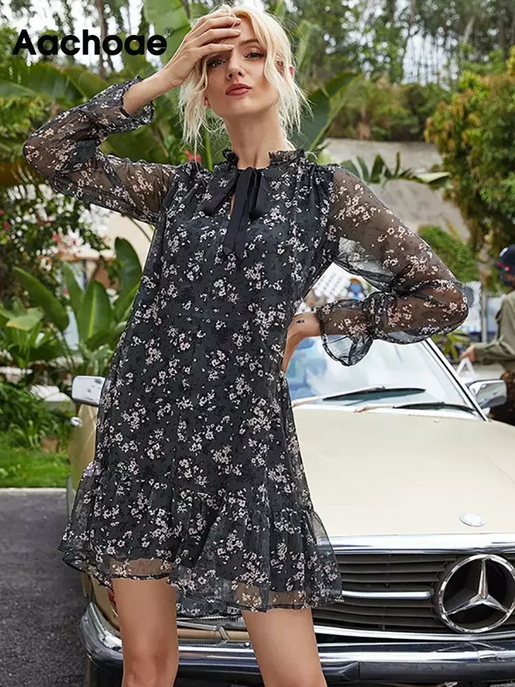 

Aachoae Women Ruffle Bow Tie Mini Floral Print Dress Vintage Long Sleeve Casual Loose Pleated Dress Ruffles Party Dress Vestidos