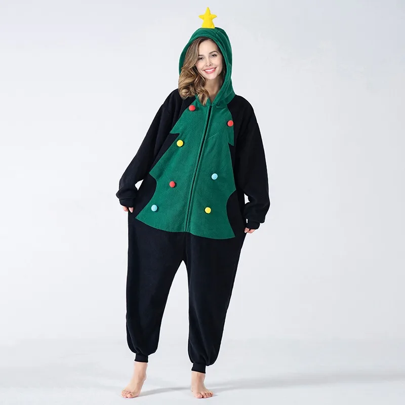 

Christmas Costume Unisex Homewear Warm Polar Wool Hooded Cartoon One-piece Pajamas Cosplay Christmas Tree Dress Up Set Gift
