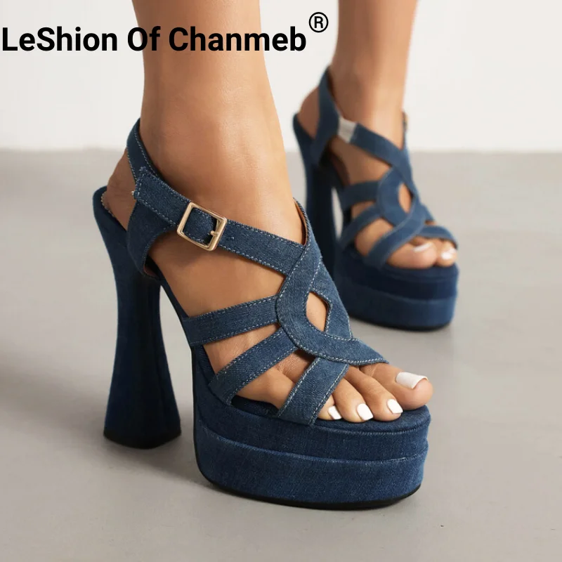 

Leshion Of Chanmeb Women Blue Denim Gladiator Sandals Jean Buckle Thick Platform Super High Heels Sandal Red Yellow Summer Shoes