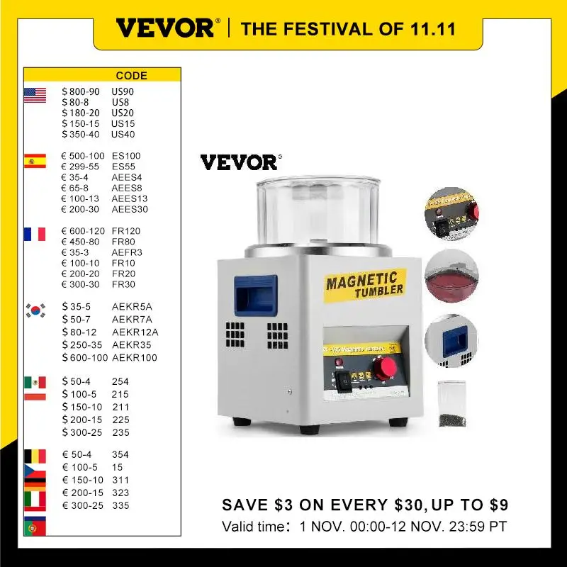 

VEVOR KT-185 Magnetic Tumbler Jewelry Polisher Mini Metal Finisher Finishing Machine AC 110V/220V Gold Precision Parts Polisher