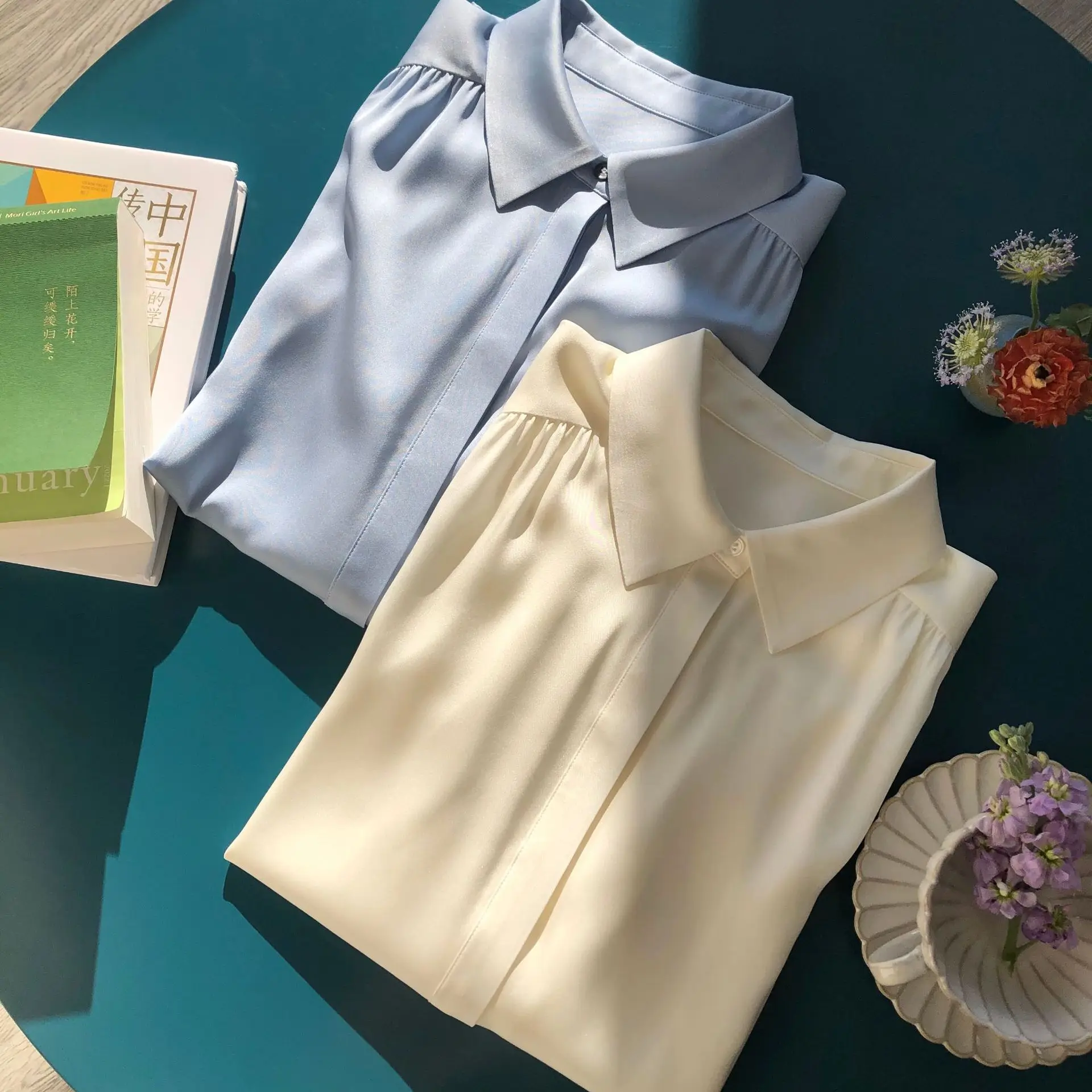

New 2022 Natural Silk Full Sleeve Thin See Through Shirt Women Blouse Print High Quality Poplin Office Lady Solid Woman Tops
