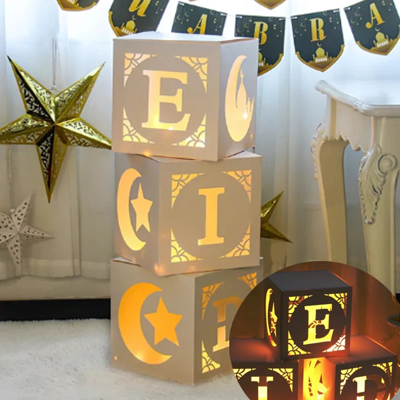 

Eid Hollow Balloon Box withLights Moon Pentagram Holiday Surprise Transparent Box Letter Ramadan Muslim Islamic Party Decoration
