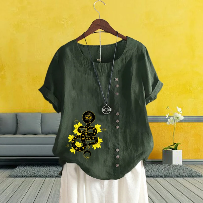 

2022 Women Summer Graphic Printed Round Neck Short Sleeve T Shirt Loose Plus Size Solid Color Cotton Linen Casual Top XS-5XL