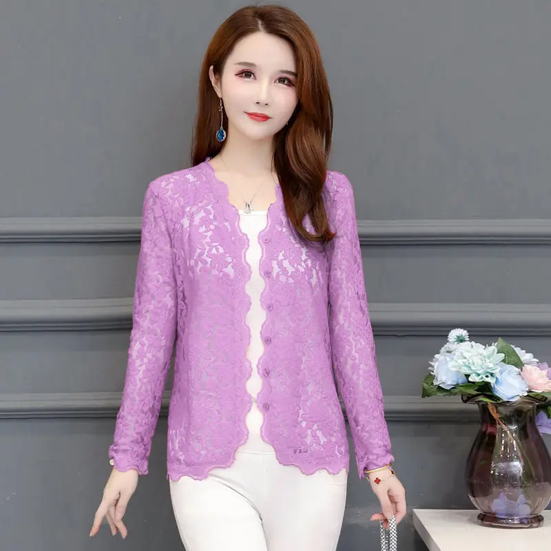 

2022 Short Lace Shawl Women Cardigan Thin Coat Solid Hollow Out Long Sleeve Ladies Top Plus Size Blouse Cardigan Outerwear Q5826