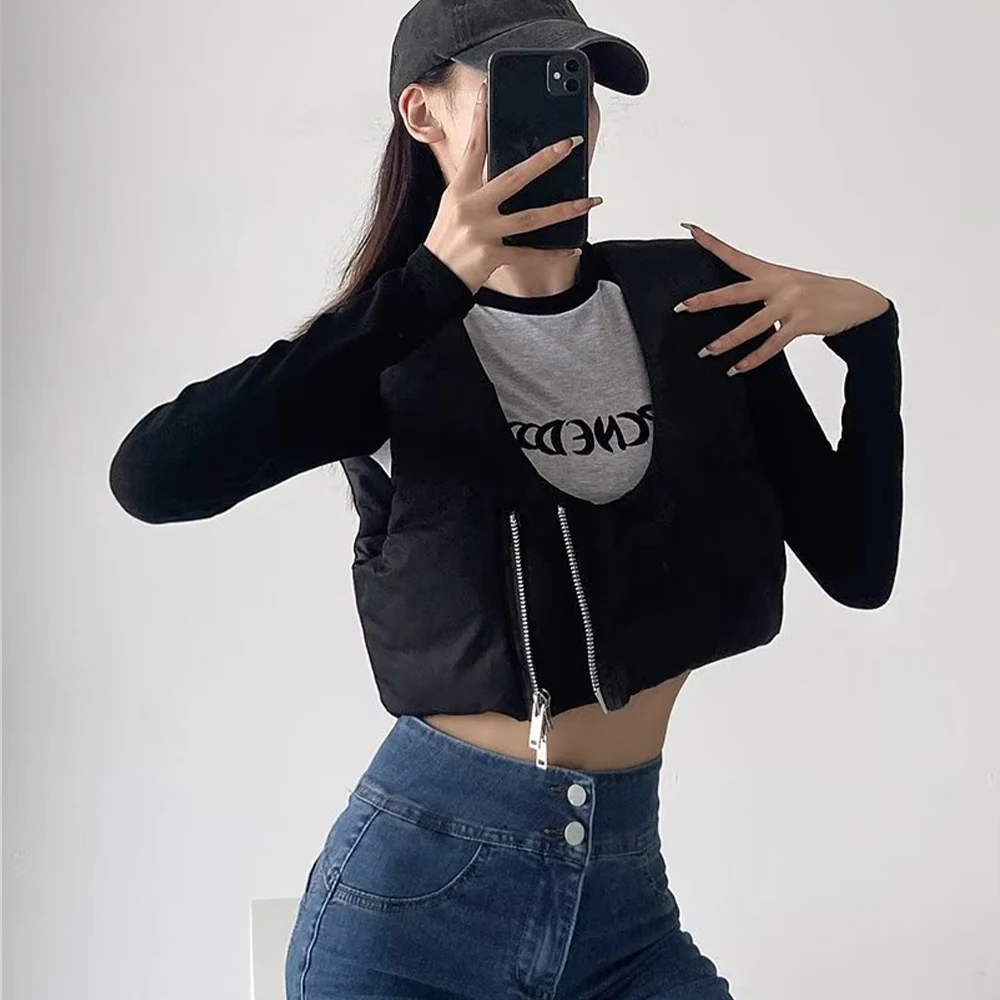 

Women's New Single Zipper Hand Stuffed Cotton Down Vest Jackets Fashion Short Sleeveless Retro Female Chic Cotton Jacket Mujer