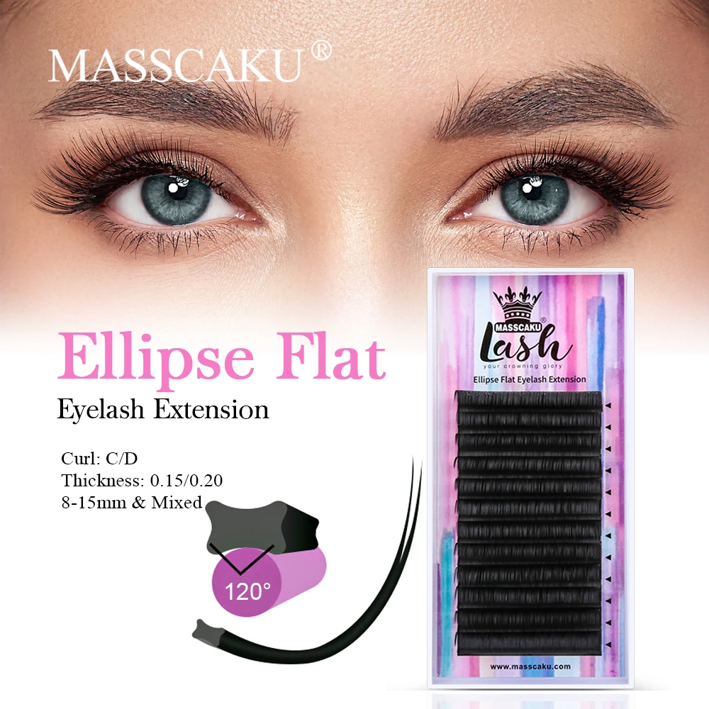 

MASSCAKU Premium Mink Ellipse Flat Lashes 0.15/0.20/0.25 Thickness Fluffy Cashmere Ellipse Volume Individual Eyelash Extension
