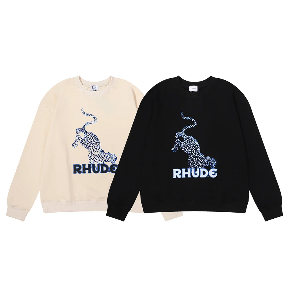 

Rhude Leopard Print High Quality Terry Loose Men and Women Same Style Casual round Neck Sweatshirts