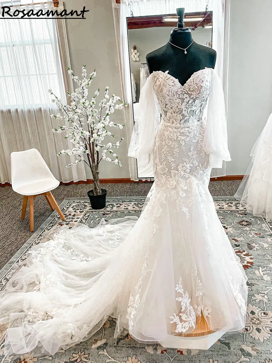 

Real Image Long Sleeve Illusion Mermaid Wedding Dresses Off The Shoulder Appliques Lace Boho Bridal Gowns
