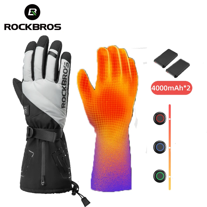 

ROCKBROS Winter Heated Gloves Windproof Warmer Bicycle Gloves Power Bank Motorcycle Heating Glove Full Finger Bike Gloves