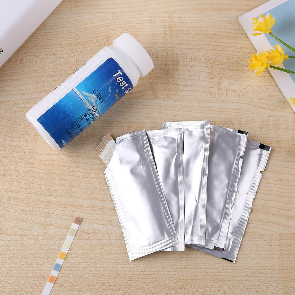 50 шт. 6 в 1 тестовая бумага для бассейна PH полоса остаточного хлора щелочности