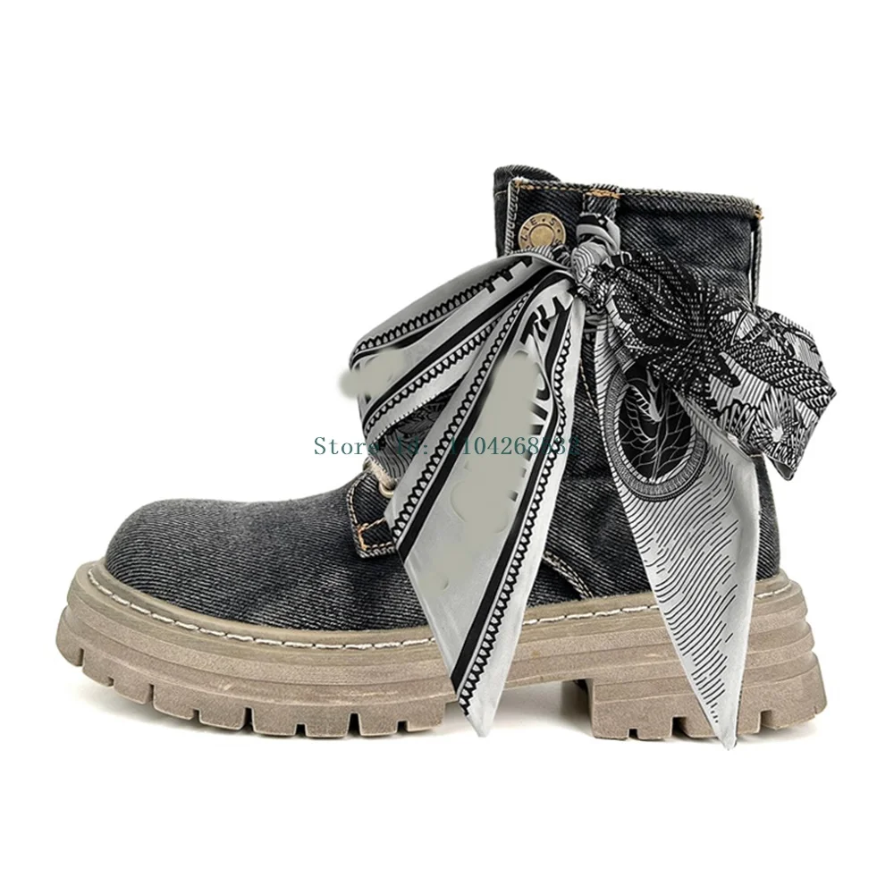 Джинсовые ботильоны с узлом-бабочкой и лентой джинсовые круглым носком на