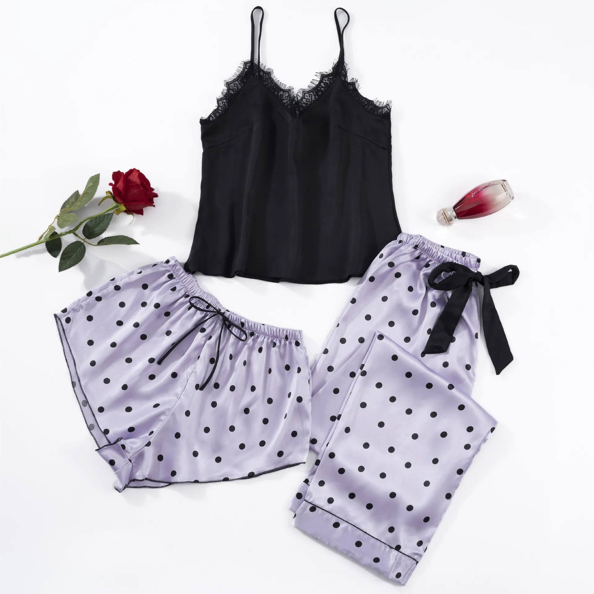 

Polka Dot Women's Pajamas Sets Sexy Lace V-Neck Nightgown Pyjamas Suit Polyester Sleepwear Casual Nightwear Underwear Home Wear