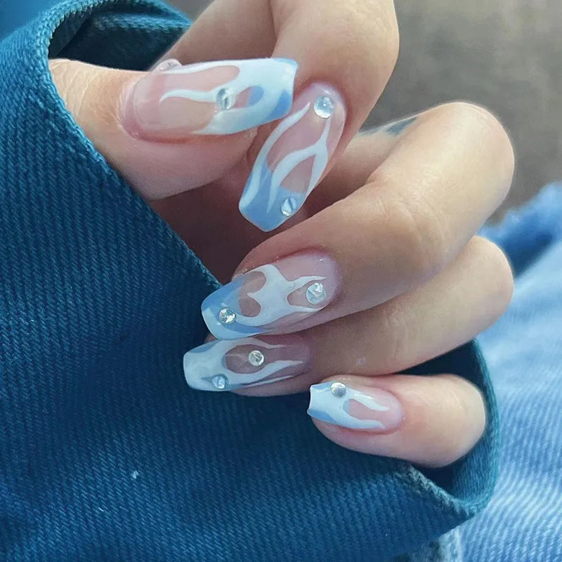 

24Pcs Blue and White Flame Pattern False Nails With Design Artificial Full Cover Fake Nails Removable Acrylic Press on Nails