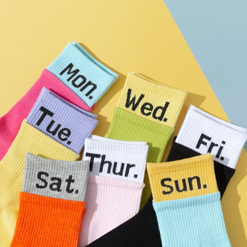 Women's 7days Letter Patterned Socks Comfort Cotton Socks Candy Color Long Socks Female Streetwear Week Skateboard Socks