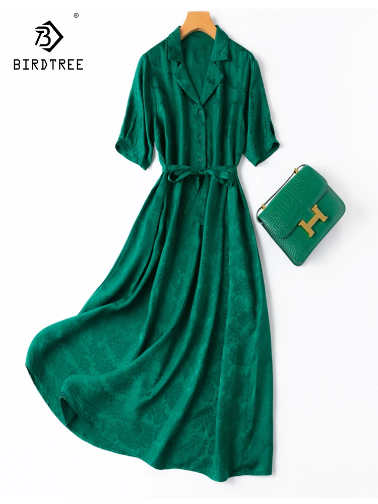 

Женское платье из 100% натурального шелка, зеленое платье с цветочным рисунком, парча, французский костюм, воротник с лацканами, v-образный вырез, модное платье, новинка 2023, D37966QC