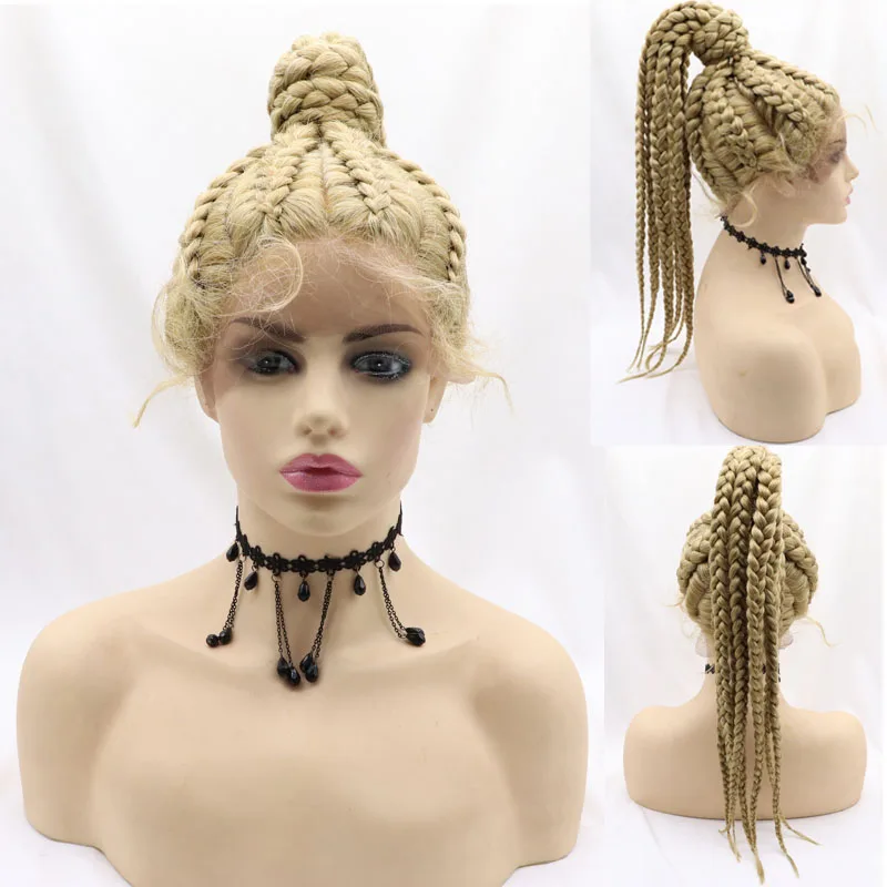 Pontail Braided Wigs with Baby Hair Blonde Brown Gray Mix 5 Box Braid Synthetic Lace Front Wig for Black Women Hand Twisted Wig